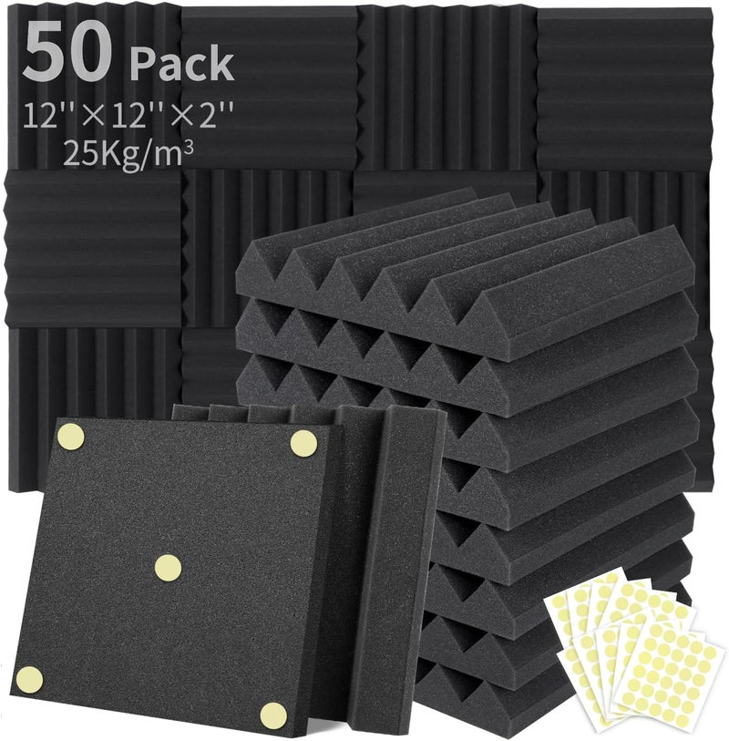 Focusound 50 Packs Acoustic Foam Panels Wedge 2" X 12" X 12", Soundproofing Foam Noise Cancelling Foam with 300 PCS Double-Side adhesive - Image 1